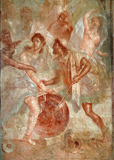 Achille, déguisé en femme, est reconnu par Ulysse parmi les filles de Lycomède à Scyros. Fresque de Pompéi. Ier siècle ap. J.-C. Dim. 145,5x137,5 cm Naples, musée archéologique national - Roman