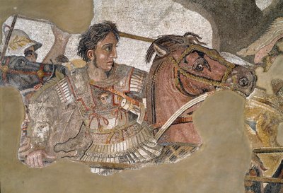 Alexandre le Grand (356 - 323 av. J.-C.) sur son cheval Bucéphale. Mosaïque de la Maison du Faune, Pompéi - Roman