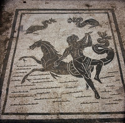 Ostie antique. Place des Corporations. Mosaïque de la Corporation des marins de Sabratha. Une nymphe et un cheval marin. - Roman