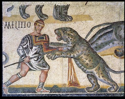 Combat de gladiateurs contre les félins, détail représentant un gladiateur courant à travers un félin, 320 après J.-C. - Roman