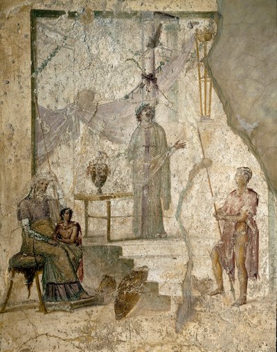 Cassandra prophétise la chute de Troie, son père Priam, assis à gauche, son frère Paris, tenant la pomme de la Discorde et un guerrier appuie sa lance (probablement Hector) - Fresque - Roman