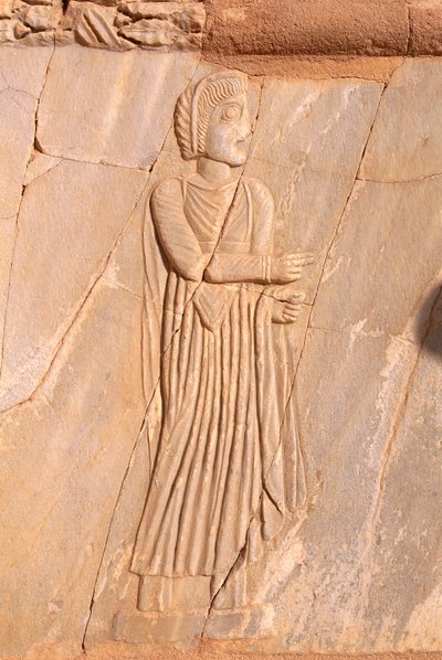 Gros plan du relief décoratif de la scène du théâtre de Sabratha, Libye, Tripolitaine - Roman