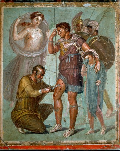Énée blessé avec son fils Iule, est soigné par le médecin grec Iapige, fils de Iaso. Fresque romaine du 1er siècle ap. J.-C. de Pompéi. Naples, Musée archéologique national - Art romain : Énée blessé est soigné par Iapige (ou lapix ou lapus ou lapis, fils  - Roman