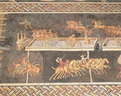 France, Lyon, mosaïque représentant les jeux du cirque, course de quadrige - Roman
