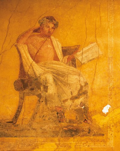 Fresque sur fond jaune représentant le poète grec Ménandre, de la Maison de Ménandre, Pompéi, Campanie, Civilisation romaine - Roman