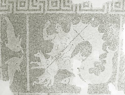 Mosaïque hellénistique de Scylla et Charybde gardant le détroit, (détail) de Scylla. Maison de Dionysos, Paphos, Chypre mosaïque - Roman