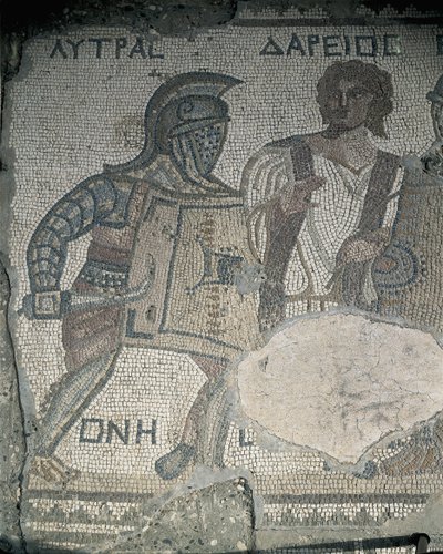 Peinture de deux gladiateurs sur un mur en mosaïque, Kourion, Limassol, Chypre - Roman