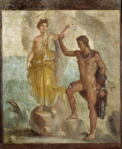 Persée libérant Andromède. Fresque 98x120cm. Provenant de la Maison des Dioscures (Casa dei Dioscuri) à Pompéi. 300 ap JC. Museo nazionale archeologico, Napoli (Musée archéologique de Naples). ©Raffael/Leemage - Roman