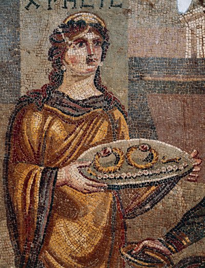 Prisonnière Chresis remettant les clés de sa rançon à son ravisseur Agamemnon, détail de la mosaïque de Chresis découverte à Daphné, Antioche, Turquie - Roman