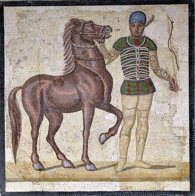 Représentation des quatre factions du cirque romain : les Verts (factio prasina). Les factions étaient des clubs engagés dans des compétitions de cirque dans le Haut Empire (1er siècle après J.-C.) et caractérisées par une couleur. Mosaïque, Rome Museo naz - Roman