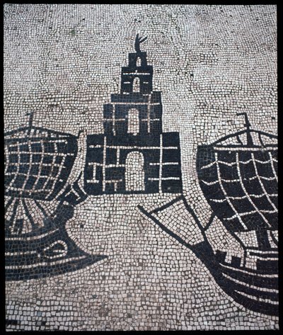 Art romain : «Phare et Navires» Mosaïque de la Corporation des gens de la mer, Place des Corporations - Roman