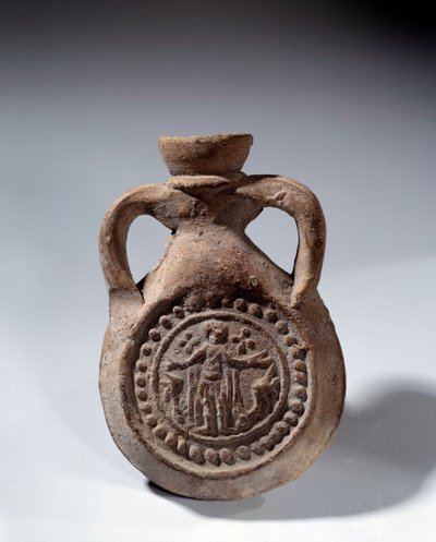 Art romain : ampoule en terre cuite avec pied représentant un saint - Roman