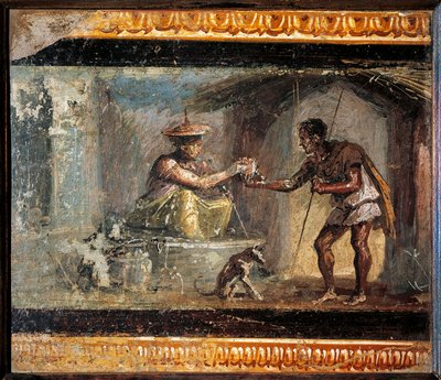 Art romain : « Le voyageur et le magicien » Fresque romaine de la villa dei Dioscuri à Pompéi. 1er siècle après J.-C. Conservée au Musée archéologique national de Naples. - Roman