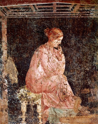 Art romain : « Jeune femme assise » Fresque romaine du 3ème style pompéien de Pompéi (Fresque de Pompéi) 40-60 après J.-C. - Roman
