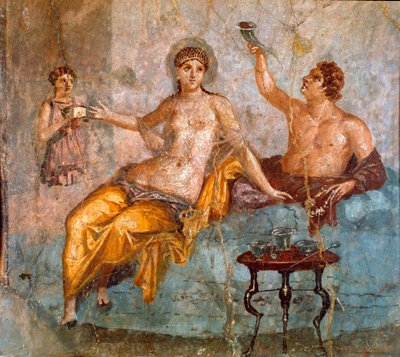 Art romain : scène de banquet, un jeune homme et une courtisane - Roman