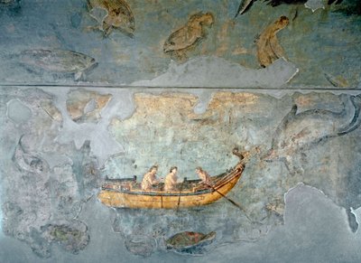 Art romain : pêcheurs sur un bateau Fresque d
