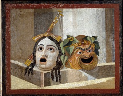Masques de théâtre romain - Mosaïque romaine, 2ème siècle après JC, des thermes de Decius sur l