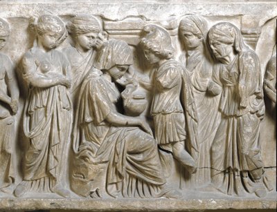 Antiquité romaine : La tristesse de Phèdre amoureuse et repoussée par Hippolyte. Bas-relief de sarcophage dit Phèdre et Hyppolite. IIIe siècle ap. J.-C. Palerme, Museo Archeologico Nazionale - Roman