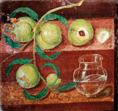 Art romain : Nature morte aux pêches, fresque romaine de Pompéi. 1er siècle av. J.-C. - 1er siècle ap. J.-C. Conservé au Musée archéologique national de Naples - Roman