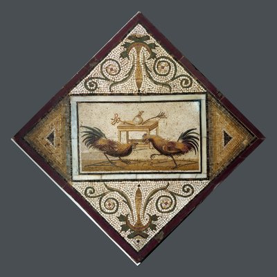 Art romain : combat de coqs. Mosaïque de Pompéi. 4ème style. Musée Archéologique National, Naples - Roman