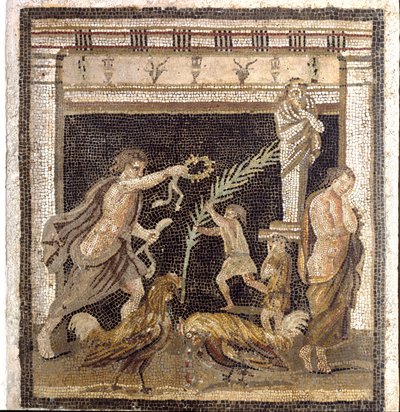 Art romain : combat de coqs dans une palestra en présence des personnifications de la Défaite et de la Victoire. Mosaïque de la Villa du Labyrinthe à Pompéi. 2ème style. Dim. 46x42 cm Musée Archéologique National, Naples - Roman