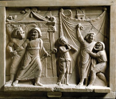 Art romain : scène de théâtre comique de la pièce « Andria » de Térence (Publius Terentius Afer) (185-159 av. J.-C.), relief de Pompéi - Musée Archéologique National Naples - Roman