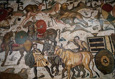 Art romain : (détail) de la mosaïque « La grande partie de chasse » Chars tirés par des bœufs. 315-350 après J.-C. Piazza Armerina, Villa Romana del Casale - Roman