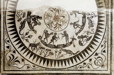 Art romain : chasse et pêche des pygmées. Mosaïque du 3ème siècle. Museo Nazionale Romano (ou delle Terme) Rome - Roman