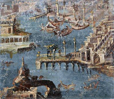 Art romain : paysage montrant un port communément identifié comme Pouzzoles - Roman