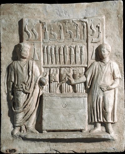 Art romain : bas-relief de la stèle funéraire de Lucio Cornelio Atimeto, coutelier. 1er siècle après J.-C. De la Villa Massimo, Rome. Rome, Museo della Civilta Romana - Roman