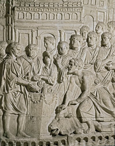 Art romain : bas-relief représentant des citoyens sarmates rendant hommage aux Romains. Des bas-reliefs de la colonne de Marc-Aurèle. IIe siècle ap. J.-C. Rome, Museo della Civiltà Romana - Roman
