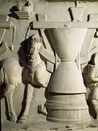 Art romain : bas-relief représentant une roue de moulin. Ier siècle ap. J.-C. Rome, Museo della Civiltà Romana - Roman