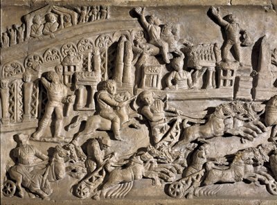 Art romain : bas-relief représentant des courses de chars au Circus Maximus à Rome. 2ème siècle après J.-C. Rome, Museo della Civilta Romana - Roman