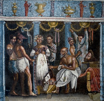 Art romain : préparatifs pour un drame satirique. Mosaïque. 70 ap. J.-C. De Pompéi, casa del poeta tragico. Naples, Musée Archéologique National - Roman