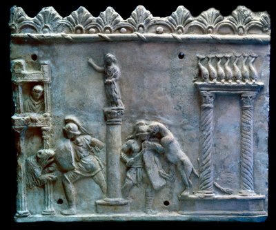 Art romain : scène de combat de gladiateurs contre des bêtes. Ier siècle av. J.-C. Genève, musée d