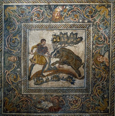 Art romain : chasse au sanglier. Mosaïque du 4ème siècle après J.-C. de la villa romaine de Las Tiendas. Mérida, Museo Nacional de Arte Romano, Espagne - Roman