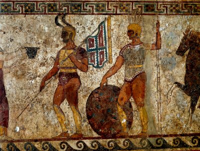 Guerriers samnites. Peinture de tombe du 4ème siècle av. J.-C., du site de Paestum, Italie. Fresque. Musée Archéologique National de Naples - Roman
