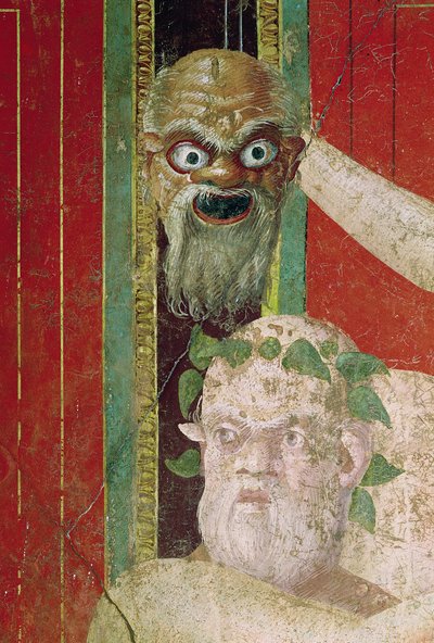 La tête du vieux Silène, au-dessus de laquelle se trouve un masque de Silène, mur est, Oecus 5, 60-50 av. J.-C. - Roman