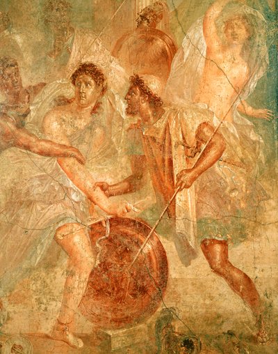 Ulysse et Diomède reconnaissant Achille déguisé en Pyrrha parmi les filles de Lycomède à Skyros, de Pompéi - Roman