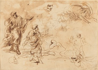 Études pour une scène biblique avec Dieu le Père apparaissant à une figure masculine barbu - Roman 17th Century