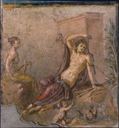 Narcisse, Écho et Éros - Roman Pompeian wall painting.