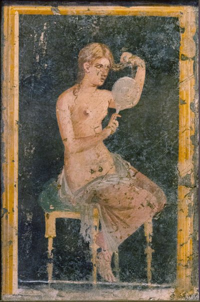 Femme avec un miroir, 1ère moitié du 1er siècle après J.-C. - Roman Pompeian wall painting.