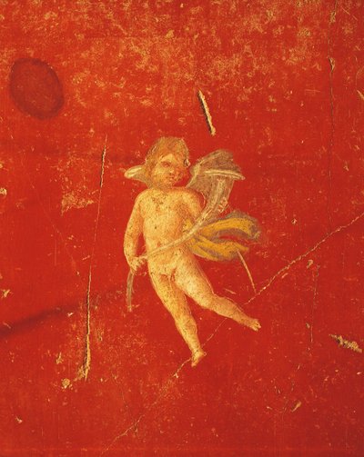 Chérubin sur fond rouge pompéien, fresque en quatrième style pompéien, de la Maison de Pinario Ceriale, Pompéi, Campanie, Civilisation romaine - Roman Roman