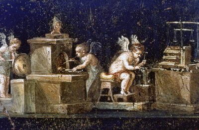 Fouilles à Pompéi : Peinture murale de la Maison des Vetti montrant des cupidons en orfèvres, découverte lors des fouilles. Pompéi a été détruite par l