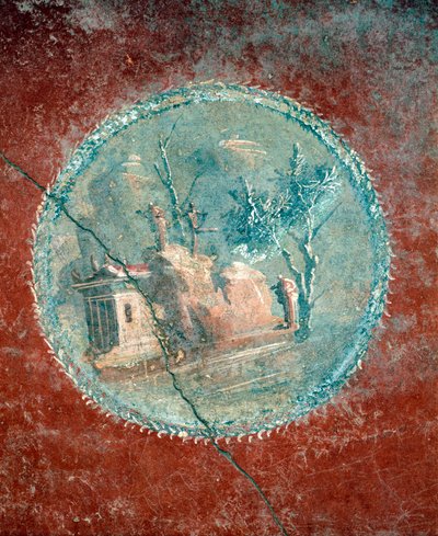Médaillon montrant un paysage sur fond jaune, fresque de la Maison de Ménandre, Pompéi, Campanie, civilisation romaine - Roman Roman