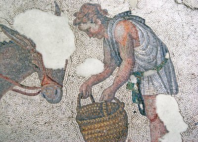 Mosaïque représentant un homme nourrissant sa mule, Bazar d