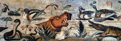 Frise en mosaïque de Pompéi (maison de la faune, casa del Fauno - scène nilotique - vie animale sur le Nil : hippopotame, crocodile, serpent, canards - art romain - Musée archéologique de Naples, Italie - Museo Archeologico Nazionale, Napoli, Italia - Phot - Roman Roman