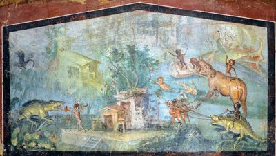 Peinture sur plâtre représentant une scène nilotique avec des pygmées attaquant des crocodiles et des hippopotames, de Pompéi (Liste du patrimoine mondial de l
