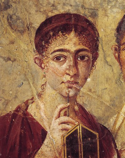 Portrait du boulanger Terentius Neo et de sa femme en tenue formelle, détail de la femme avec son stylet et son diptyque ouvert, Italie, Campanie, Pompéi, 55-79 après J.-C., peinture sur plâtre - Roman Roman
