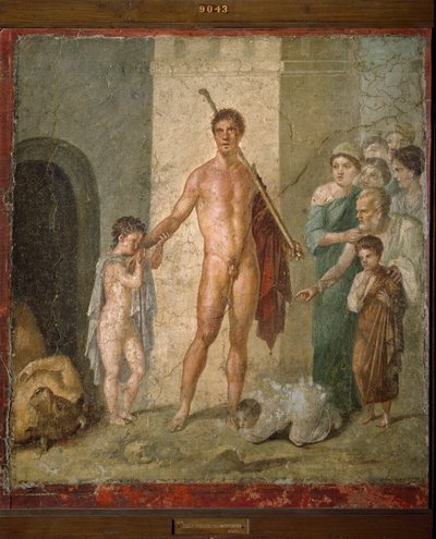 Représentation de Thésée, le héros de la mythologie grecque, libérant les sept jeunes hommes du labyrinthe après le triomphe du Minotaure. Fresque de la Villa de Gavius Rufus à Pompéi. Dim. 88x97 cm Musée archéologique de Naples - Art romain : représentati - Roman Roman